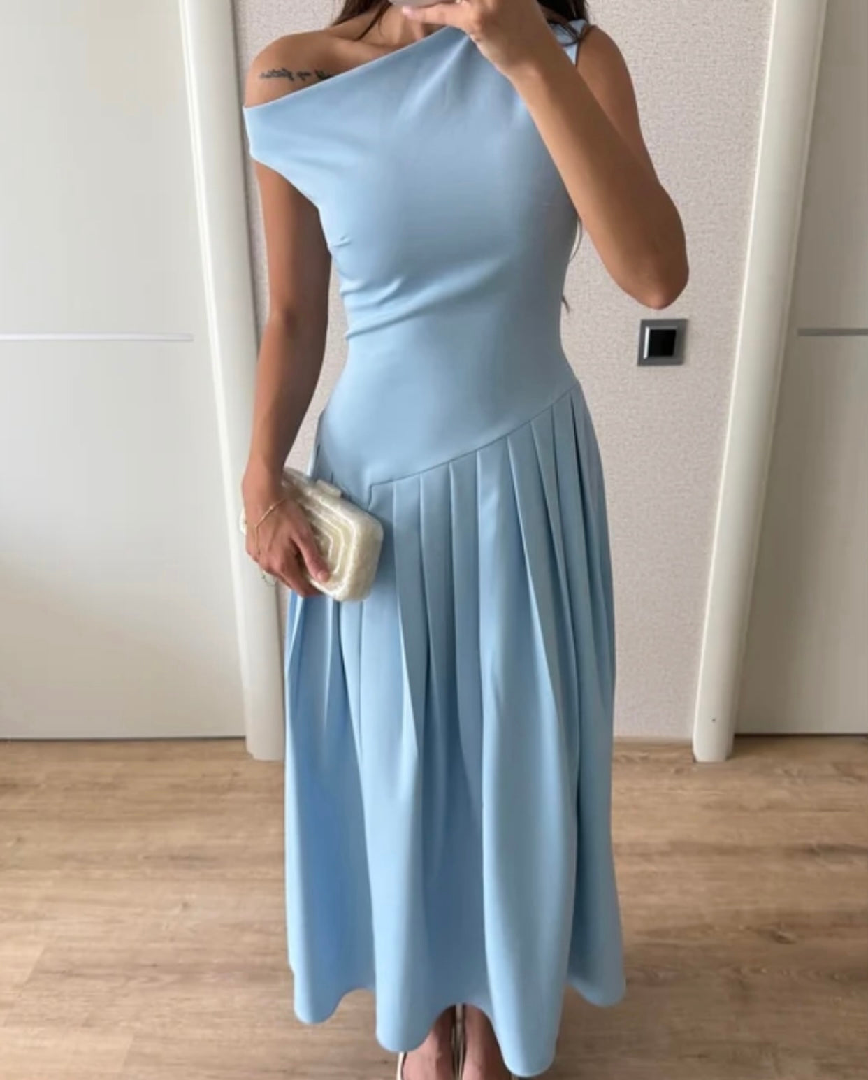 One shoulder pleated dress - baby blue