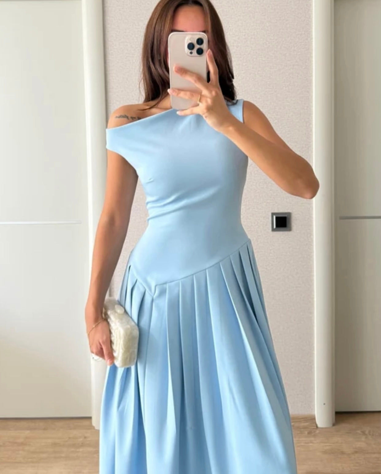 One shoulder pleated dress - baby blue