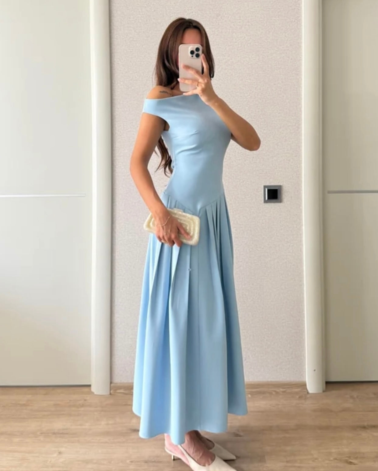 One shoulder pleated dress - baby blue