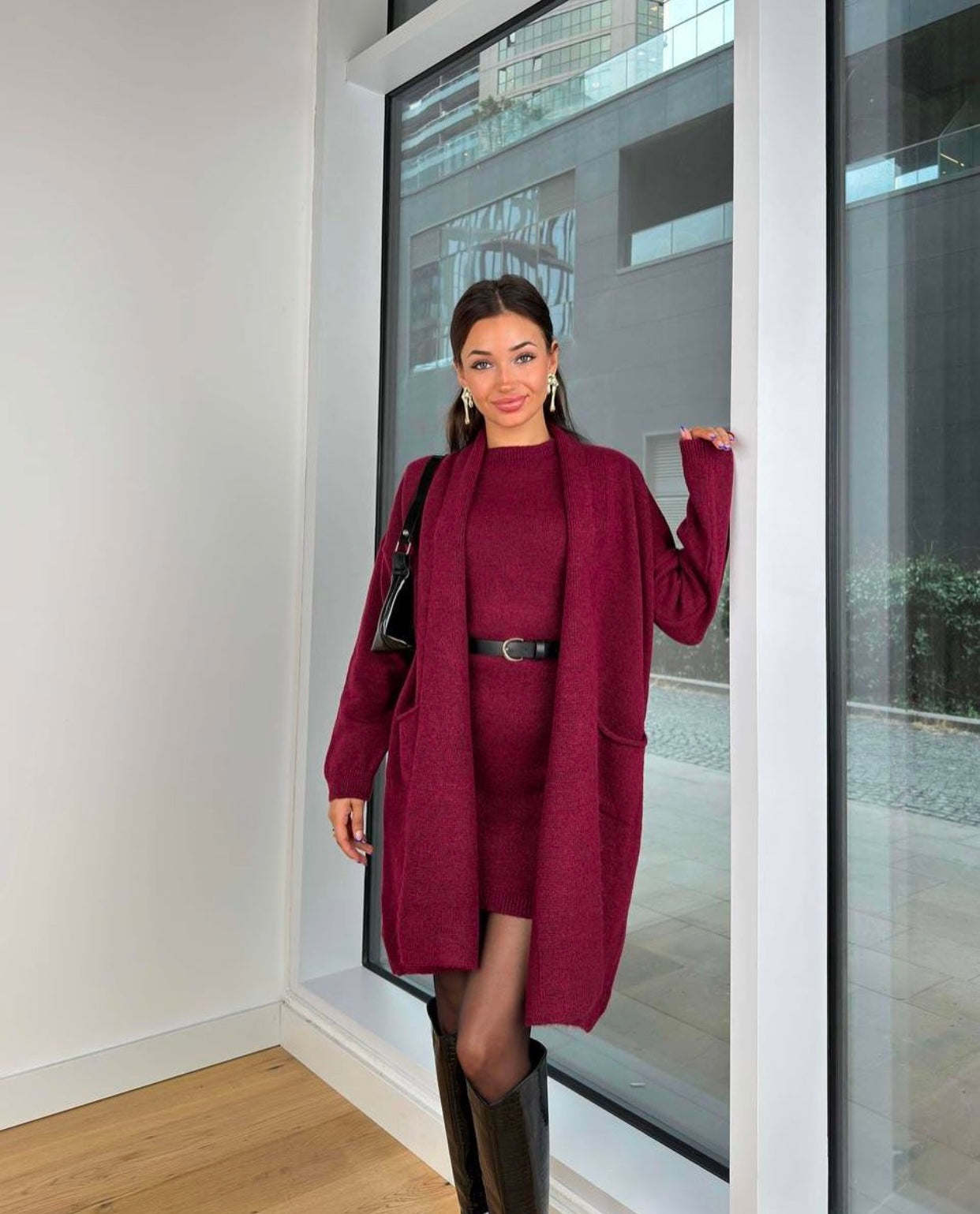 Burgundy set (Dress+ cardigan)