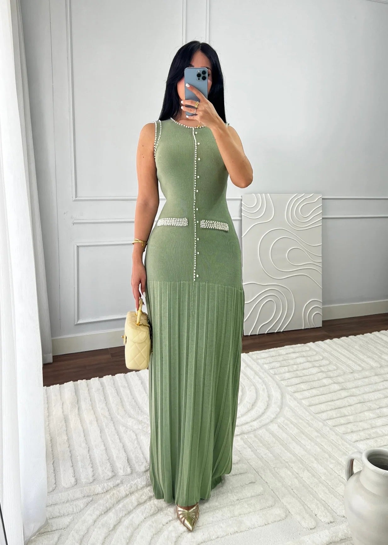 Olive green knit dress with pearl detailing