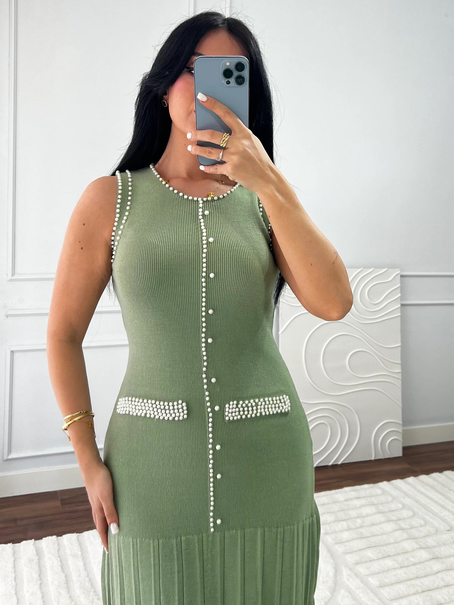 Olive green knit dress with pearl detailing