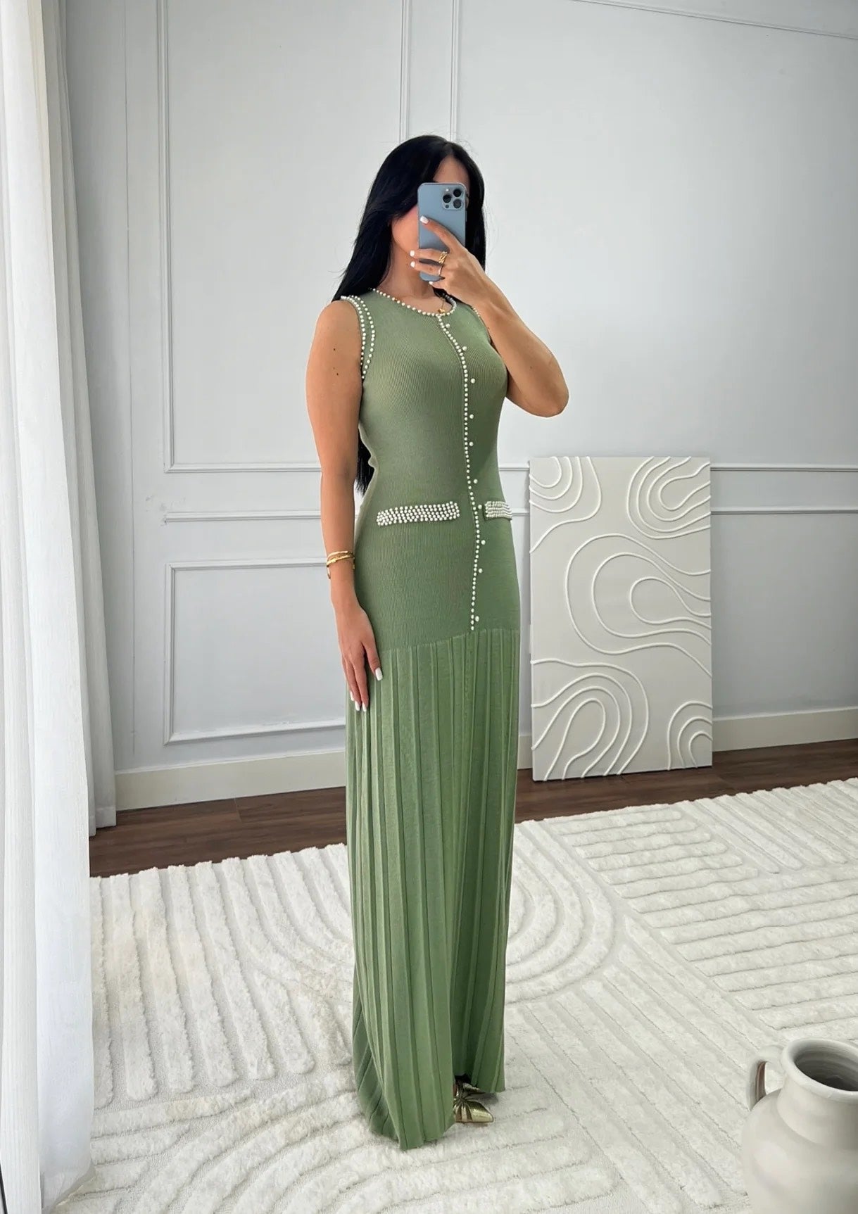Olive green knit dress with pearl detailing