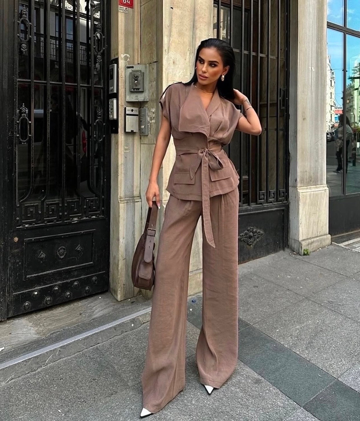 chic belted mocha brown set