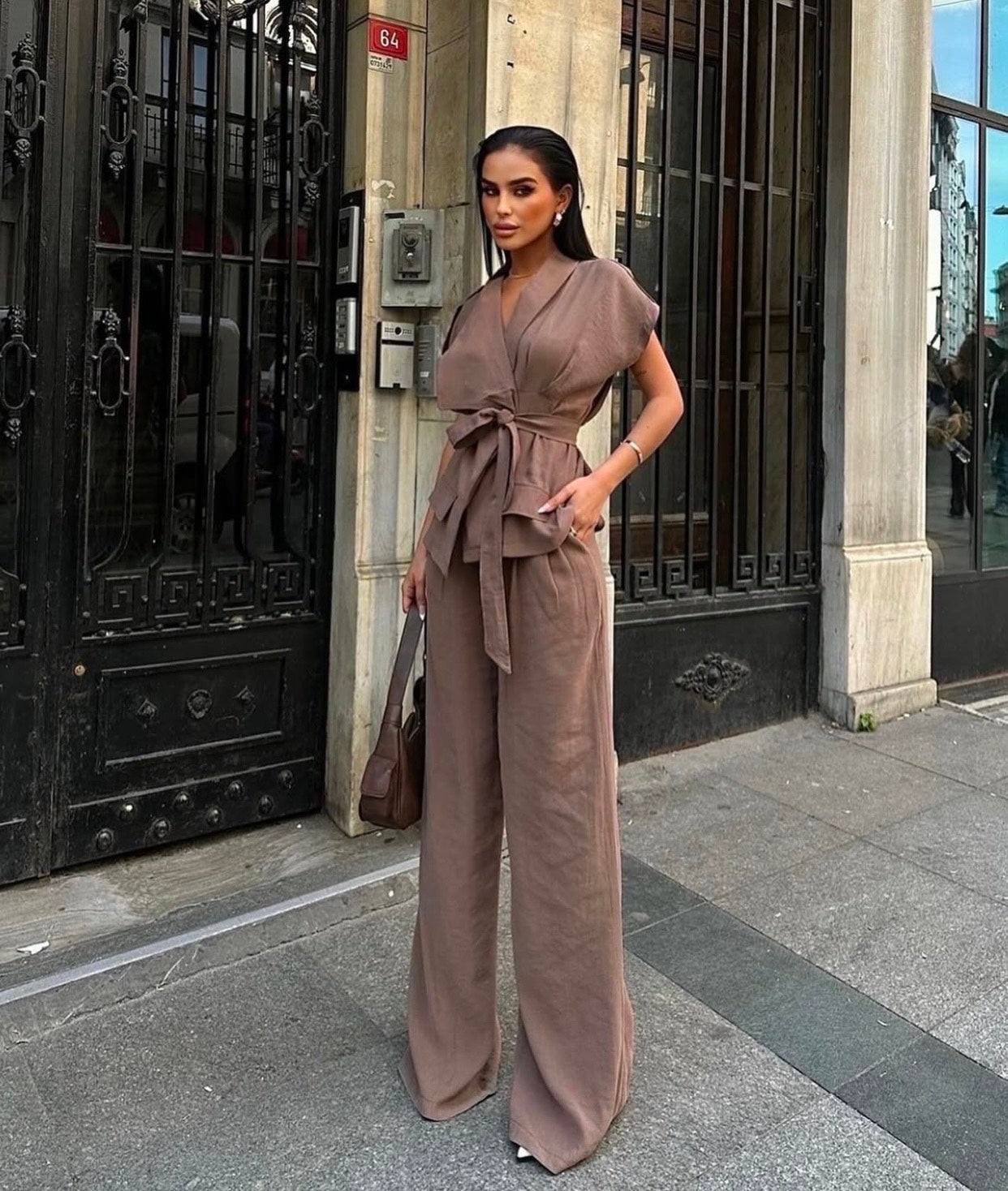 chic belted mocha brown set