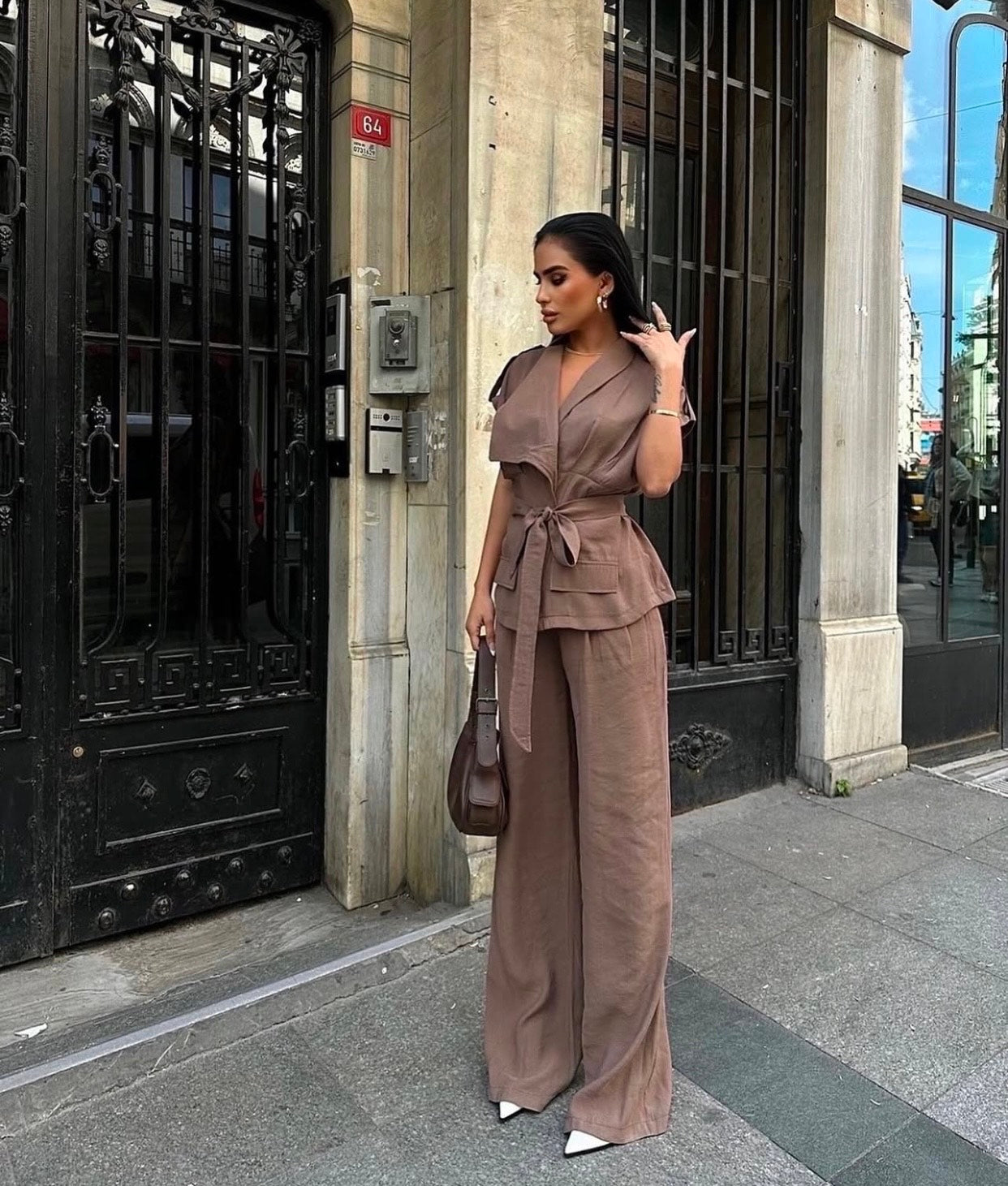 chic belted mocha brown set