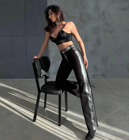 Black metallic gabardine pants