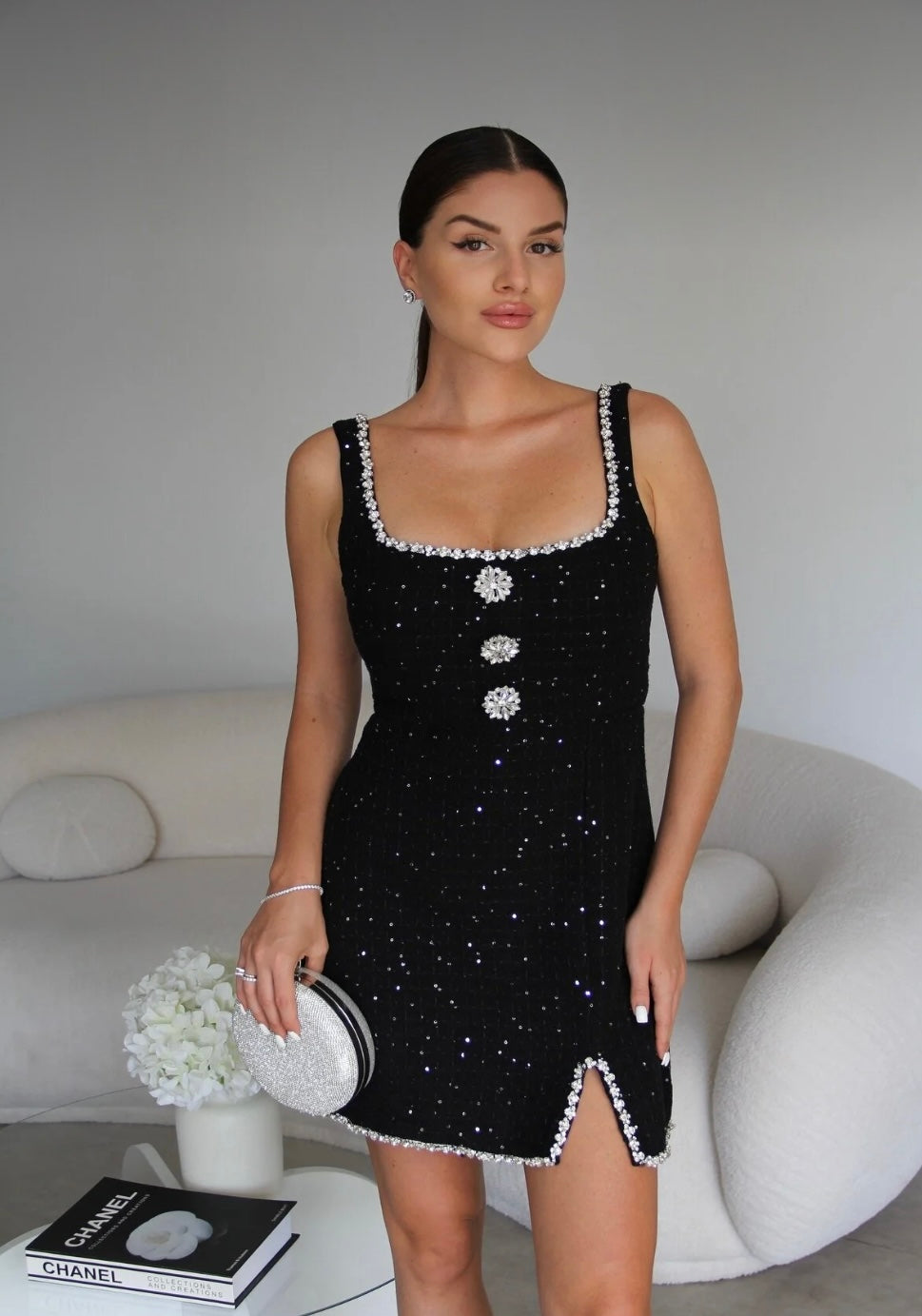 Premium tweed mini dress with brooch detail