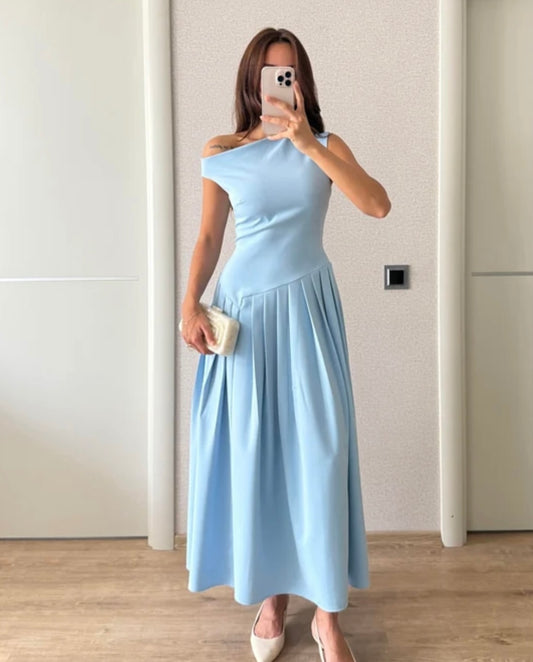 One shoulder pleated dress - baby blue