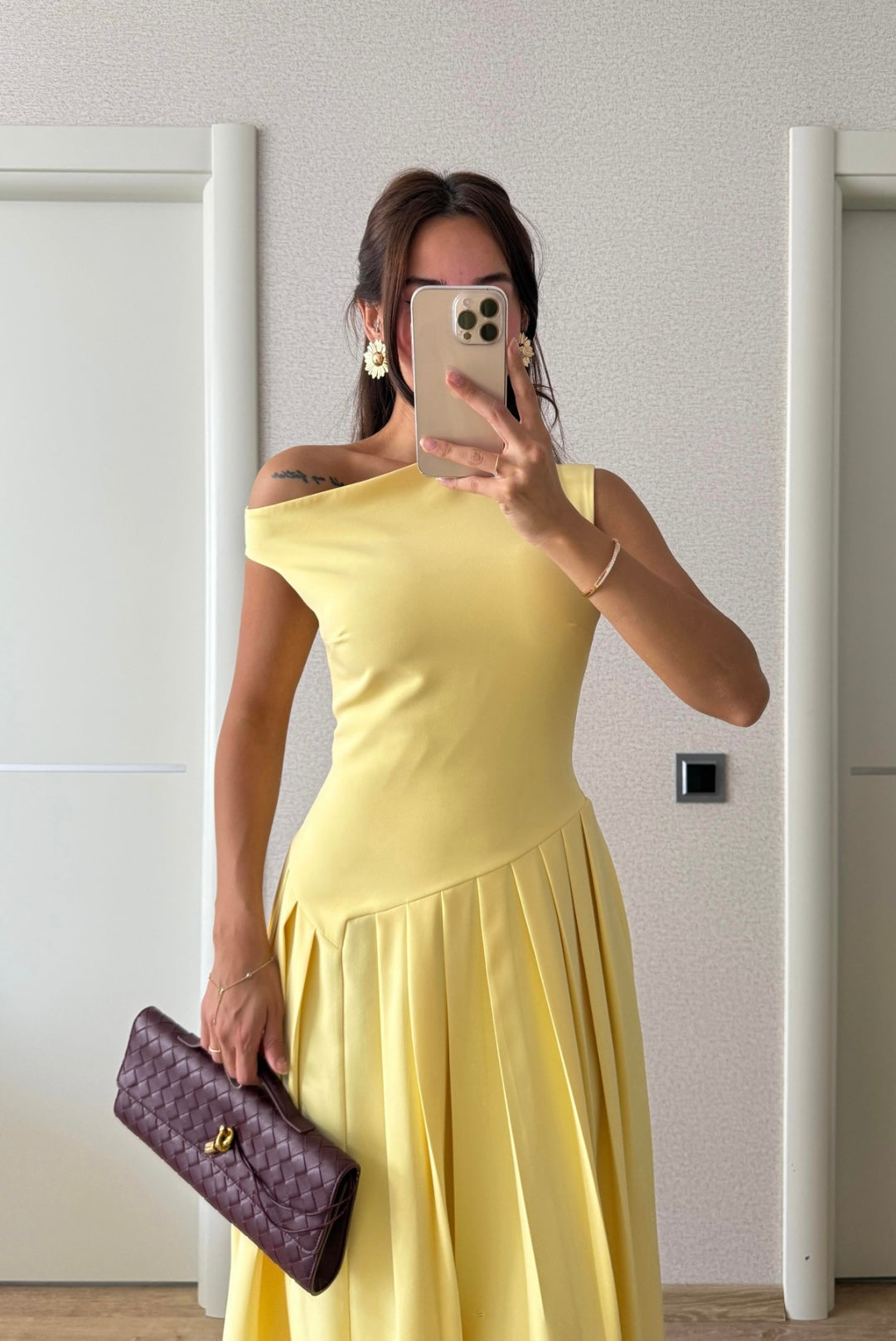 One shoulder pleated dress - butter yellow