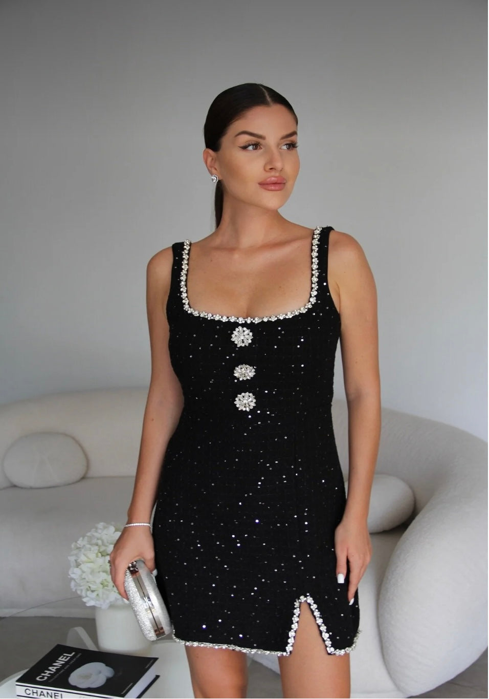 Premium tweed mini dress with brooch detail