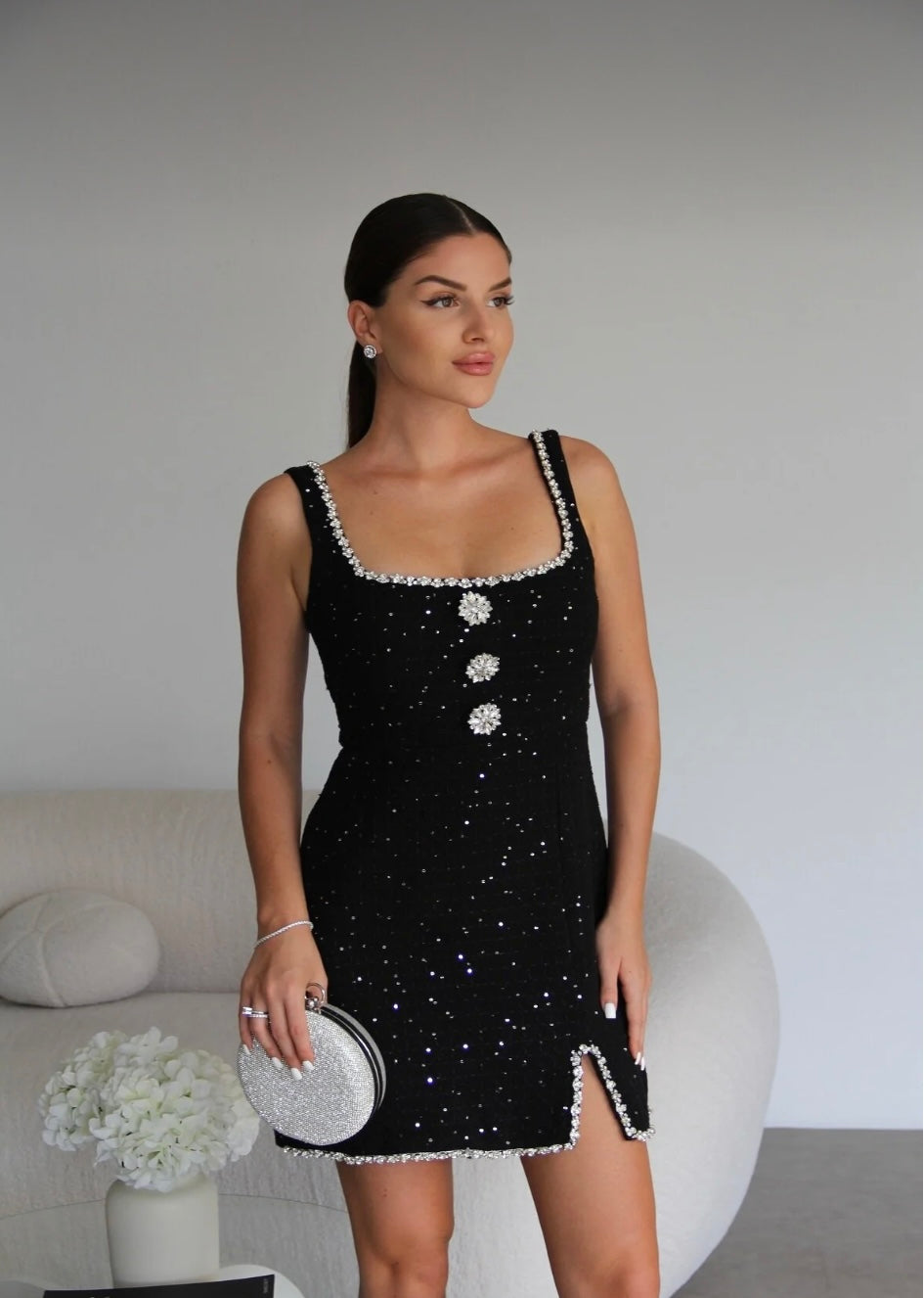 Premium tweed mini dress with brooch detail