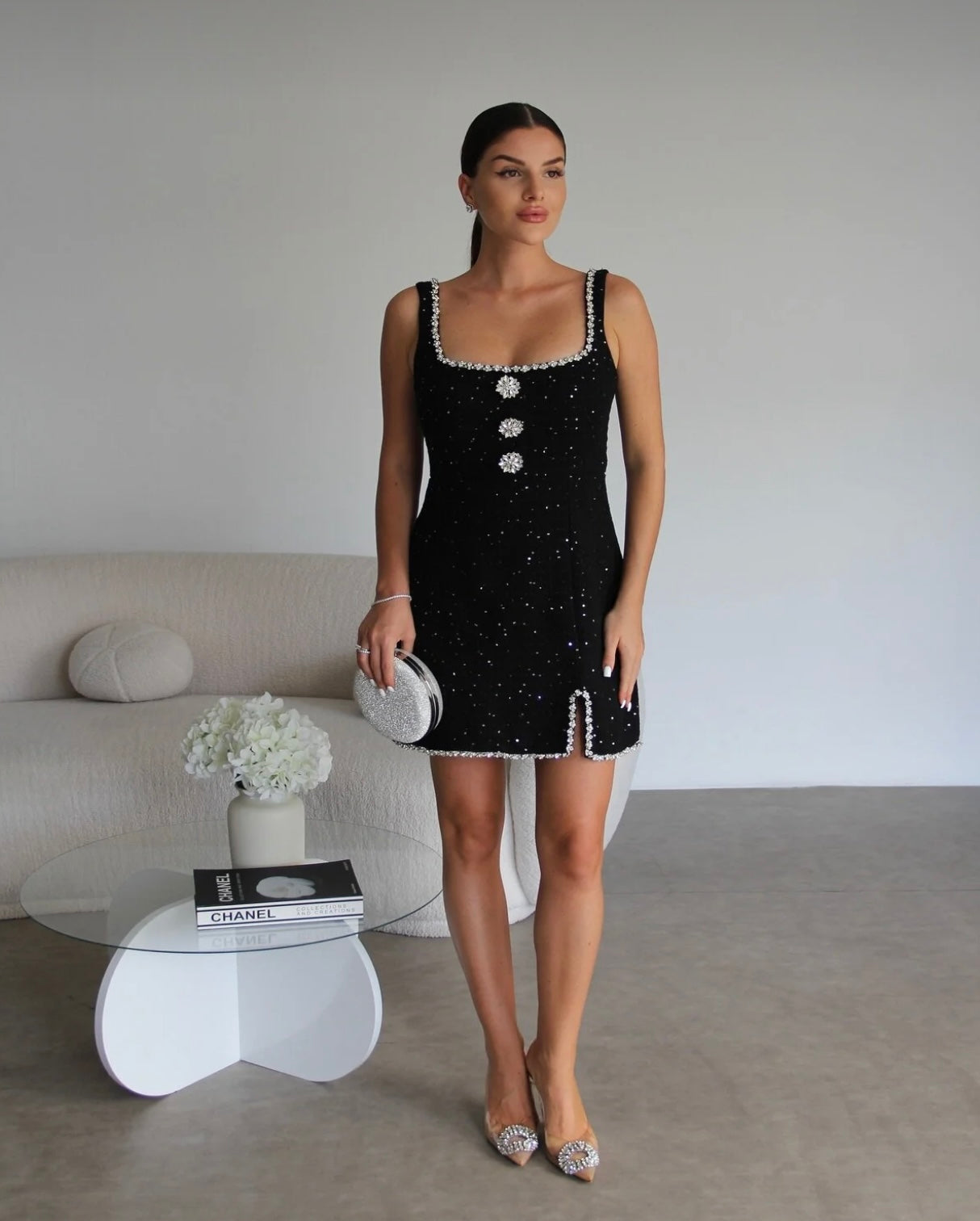 Premium tweed mini dress with brooch detail