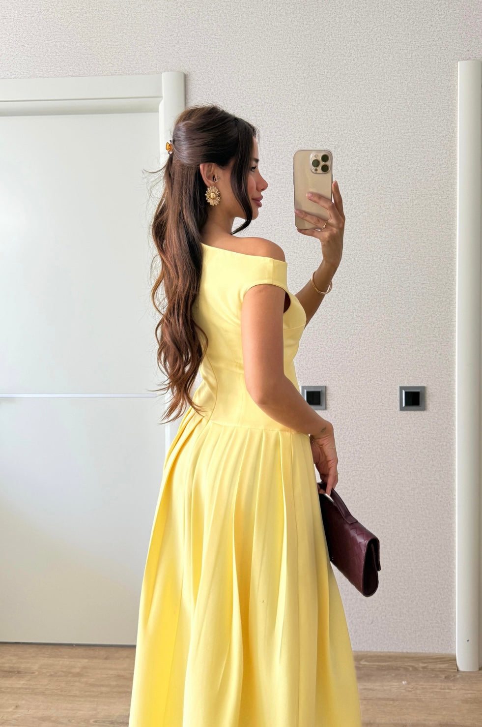 One shoulder pleated dress - butter yellow