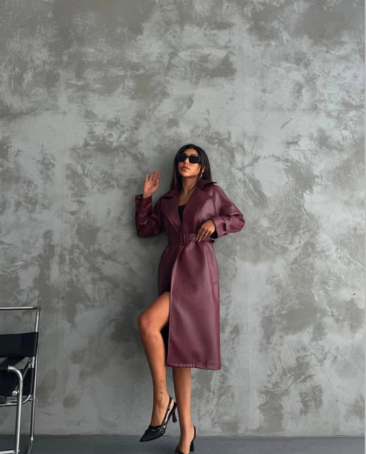 Burgundy leather trench coat