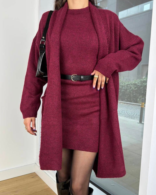 Burgundy set (Dress+ cardigan)