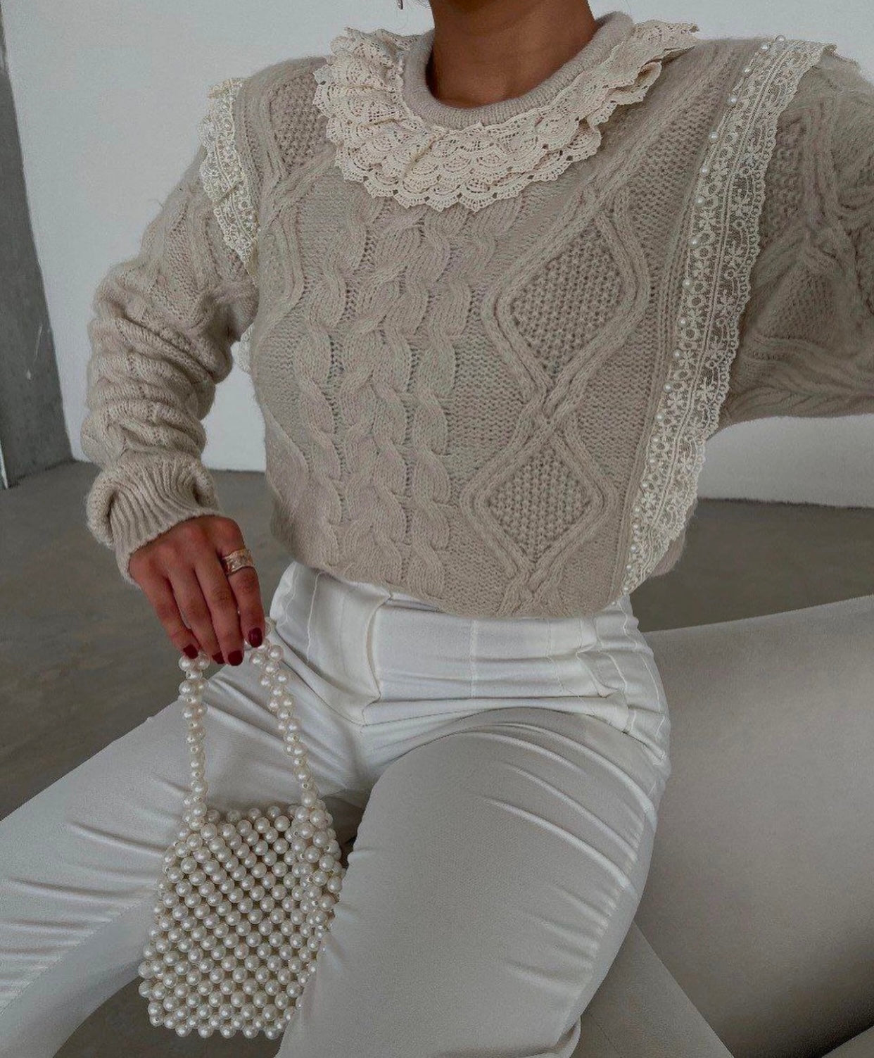 Ruffled knit pearl pullover