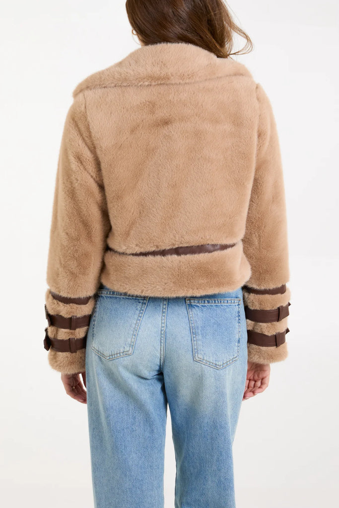 Faux fur pu buckle jacket