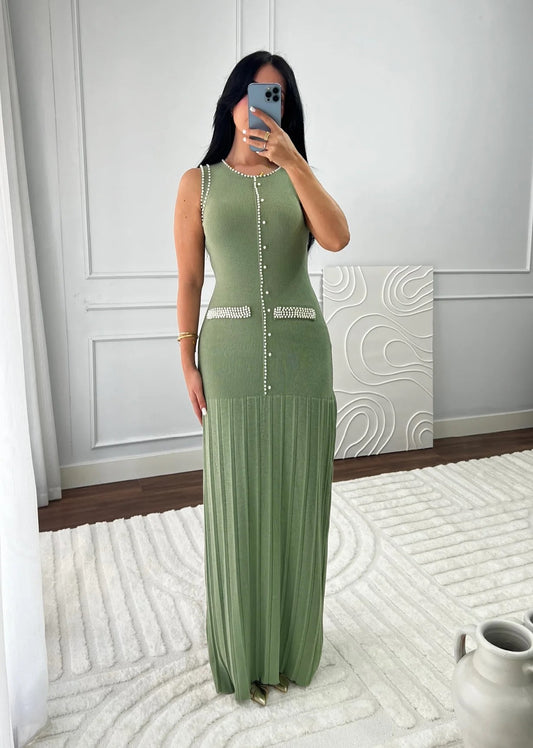 Olive green knit dress with pearl detailing