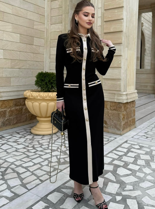 Black gold-button maxi dress