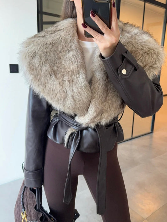 Leather jacket with fur collar